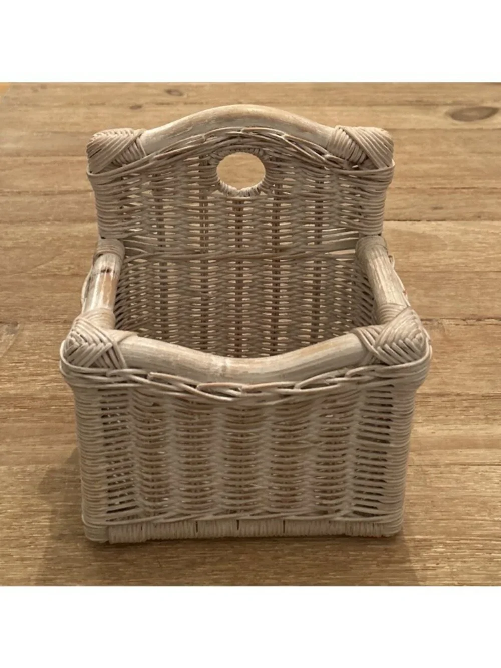 Vintage Woven Wicker Wall Basket Whitewash Painted Finish Cottage Coastal